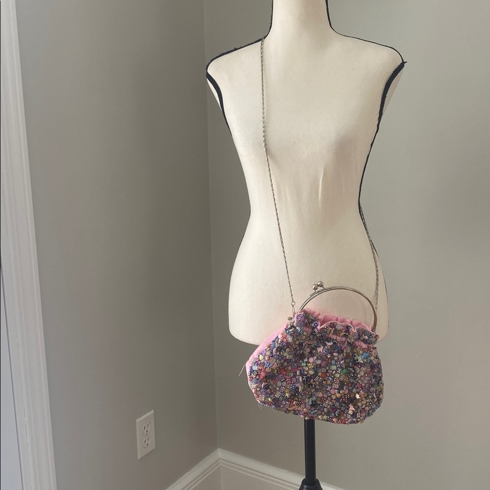 Vintage La Viola fun beaded crossbody handbag kiss closure pink sateen quirky - Picture 12 of 13